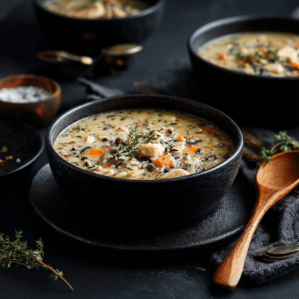 A warm bowl of turkey and wild rice soup filled with tender turkey pieces, colorful vegetables, and hearty wild rice in a comforting broth.
