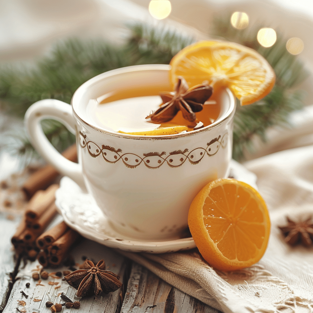 A mug of warm spiced citrus tea garnished with an orange slice, surrounded by cinnamon and cloves.