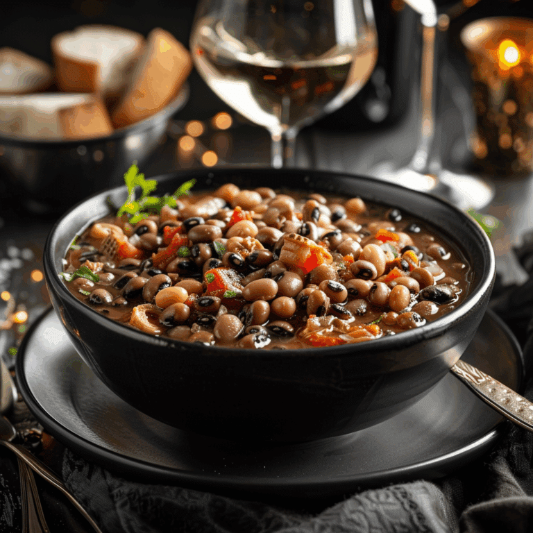 A warm bowl of Southern black eyed peas stew with tender greens and herbs, served with rice on the side.