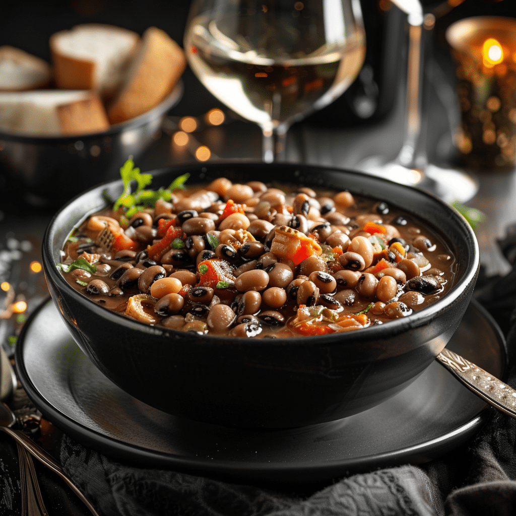 A warm bowl of Southern black eyed peas stew with tender greens and herbs, served with rice on the side.
