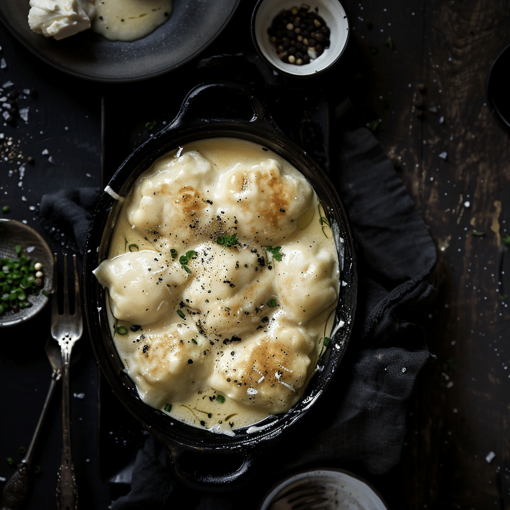 A bowl of creamy chicken and dumplings filled with tender chicken pieces and fluffy homemade dumplings floating on top.
