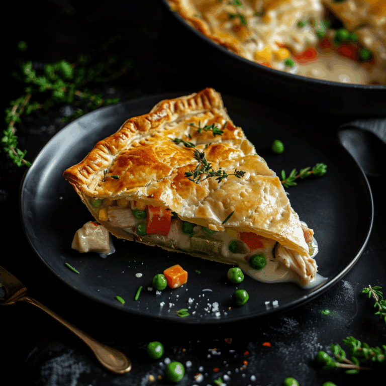 A golden, flaky chicken pot pie with a creamy chicken and vegetable filling being sliced and served.