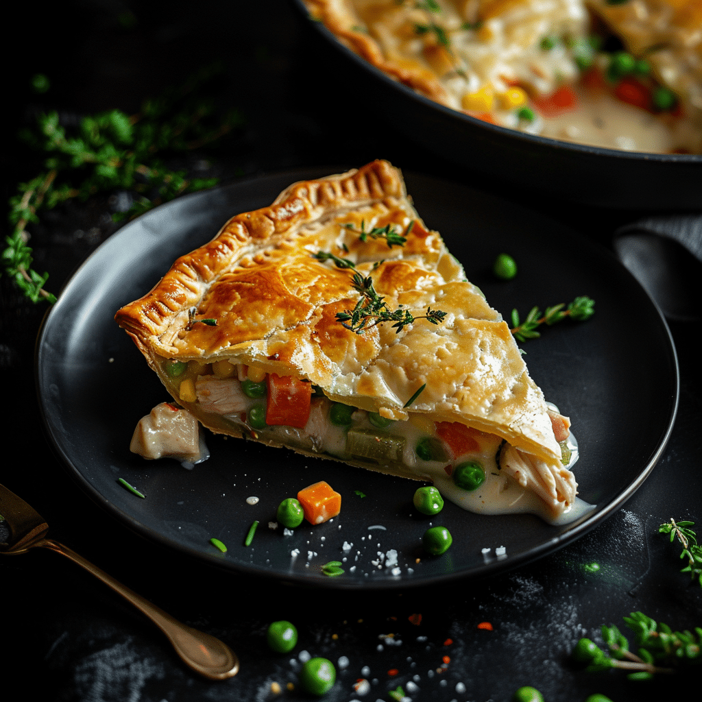 A golden, flaky chicken pot pie with a creamy chicken and vegetable filling being sliced and served.