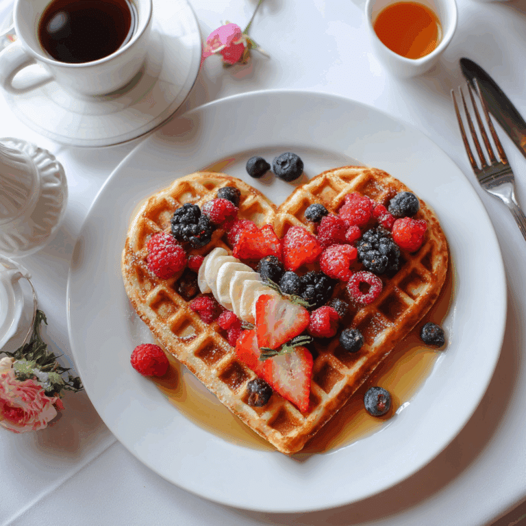 Golden eggless waffles stacked on a plate, served with fresh fruit and syrup.