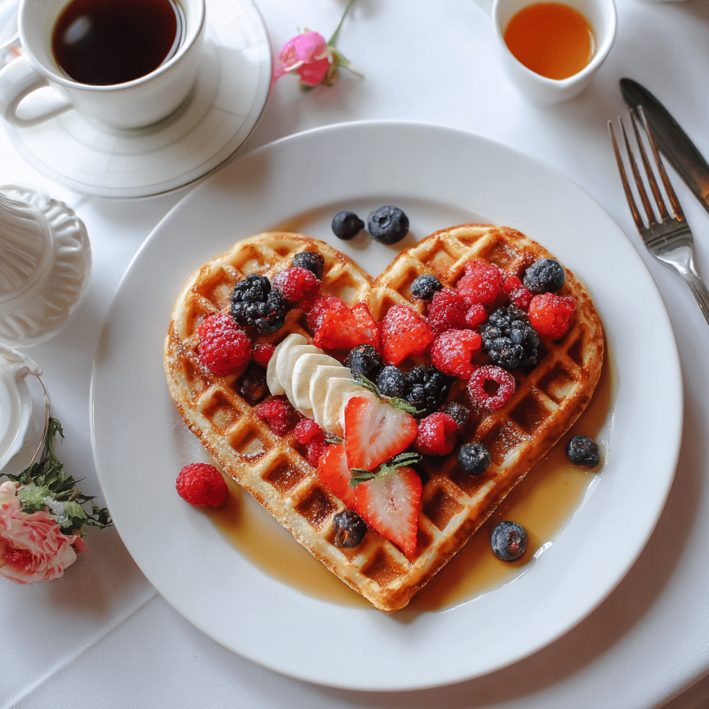 Golden eggless waffles stacked on a plate, served with fresh fruit and syrup.