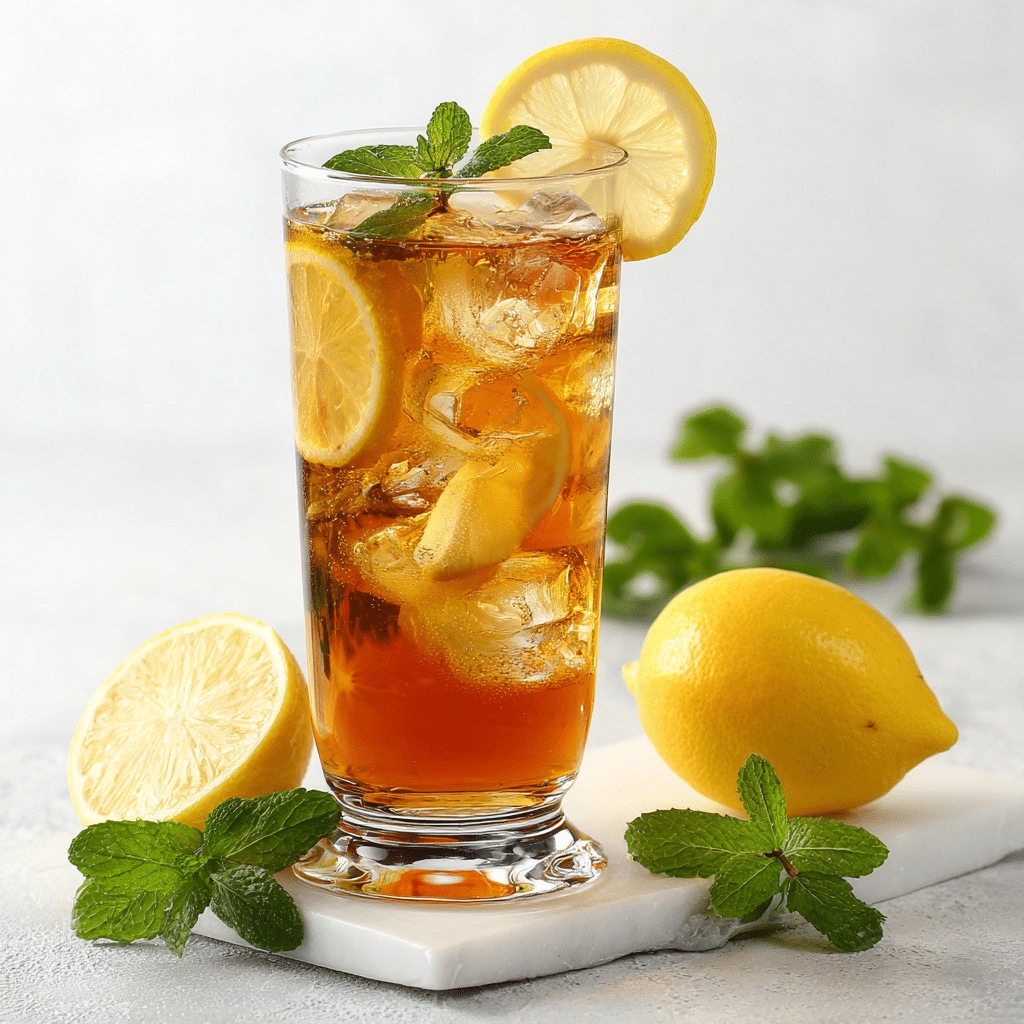 A chilled glass pitcher of Iced Tea Lemonade with lemon slices and mint, surrounded by ice cubes on a sunny table.