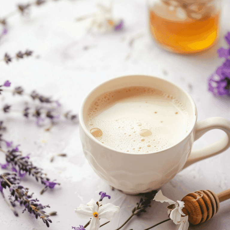 A warm mug filled with creamy lavender honey milk, topped with a light swirl of steam, surrounded by dried lavender sprigs.