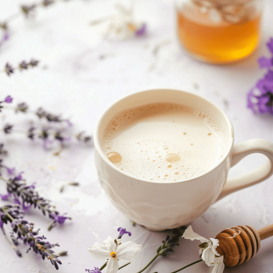 A warm mug filled with creamy lavender honey milk, topped with a light swirl of steam, surrounded by dried lavender sprigs.