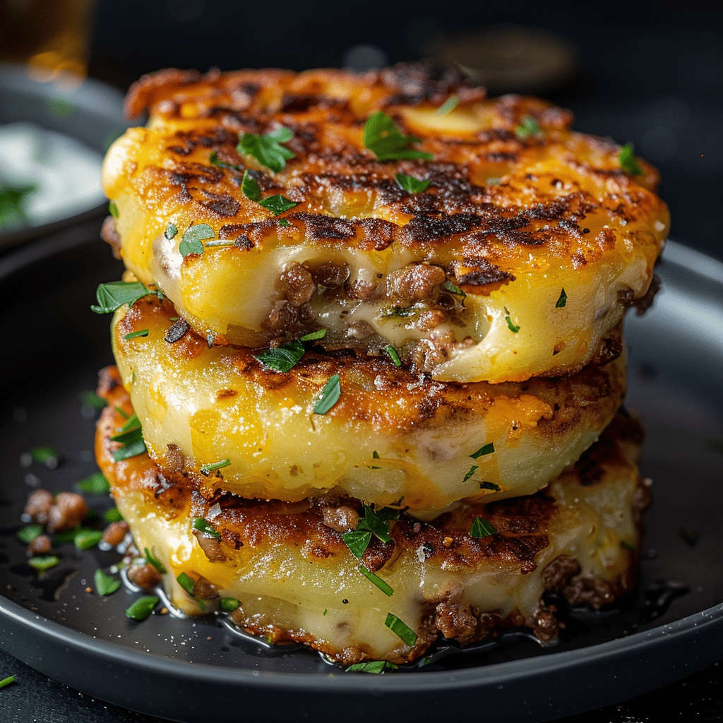 Crispy stuffed potato pancakes filled with seasoned ground beef and melted mozzarella, served golden brown on a plate.