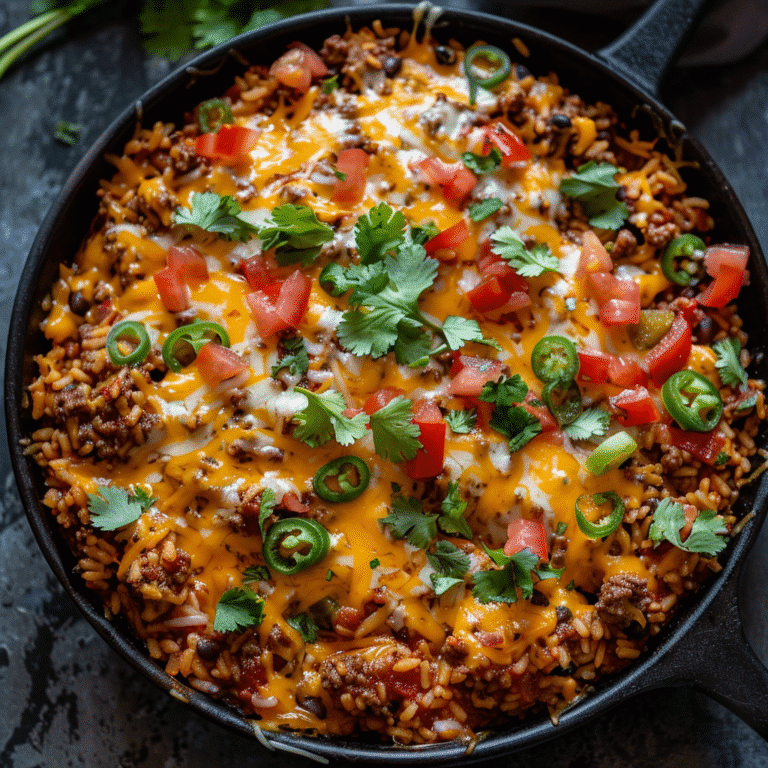 A sizzling skillet of cheesy taco beef and rice topped with melted cheese and fresh cilantro, surrounded by bowls of sour cream, guacamole, and pico de gallo.