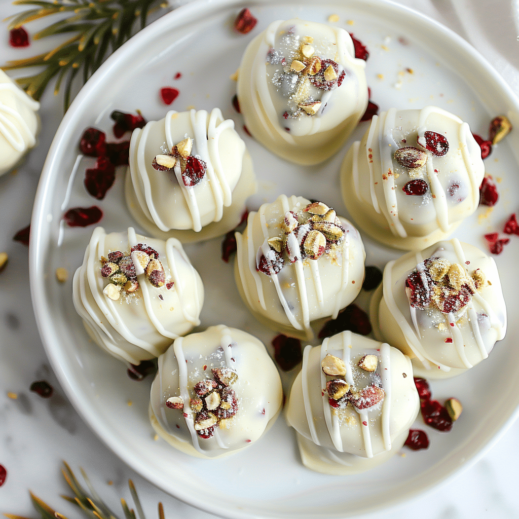 Cranberry Pistachio Truffles – Festive No-Bake Dessert Recipe 2 “Cranberry pistachio truffles rolled in powdered sugar on a festive plate.”