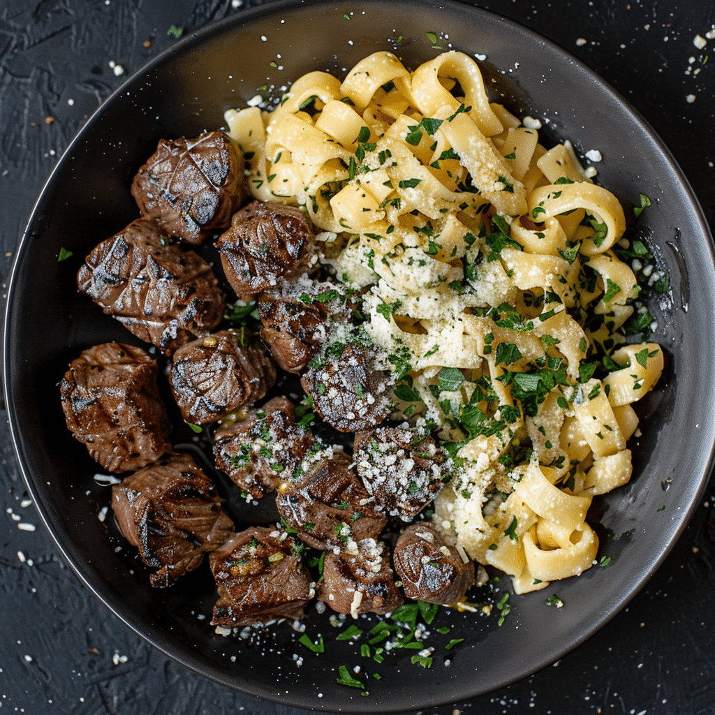 Garlic Butter Steak Bites with Creamy Parmesan Pasta – A Rich and Satisfying Lunch Recipe 2 Garlic butter steak served over creamy parmesan pasta in a skillet
