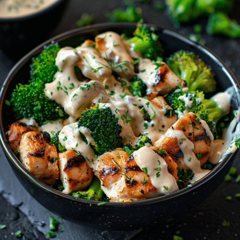 A bowl of sliced grilled chicken and roasted broccoli over rice, drizzled with creamy garlic sauce and garnished with fresh parsley.
