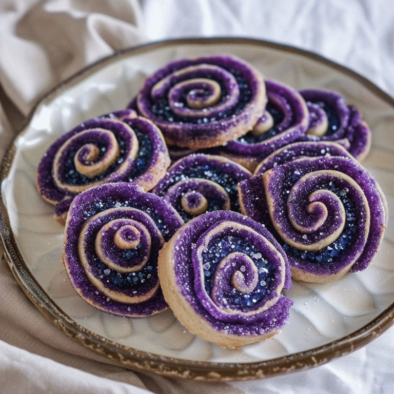 “Colorful magical spiral cookies with purple, black, and white swirls arranged on a plate.”