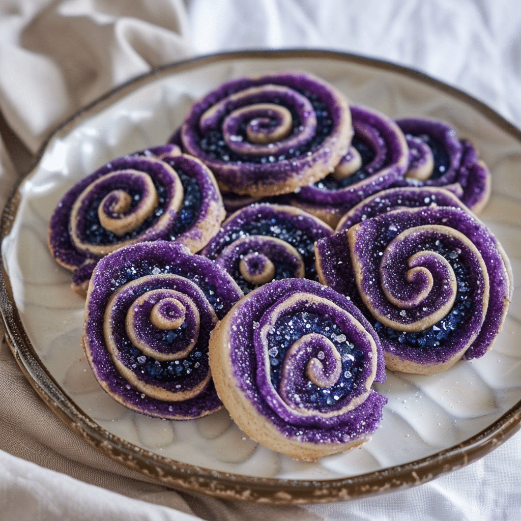 “Colorful magical spiral cookies with purple, black, and white swirls arranged on a plate.”