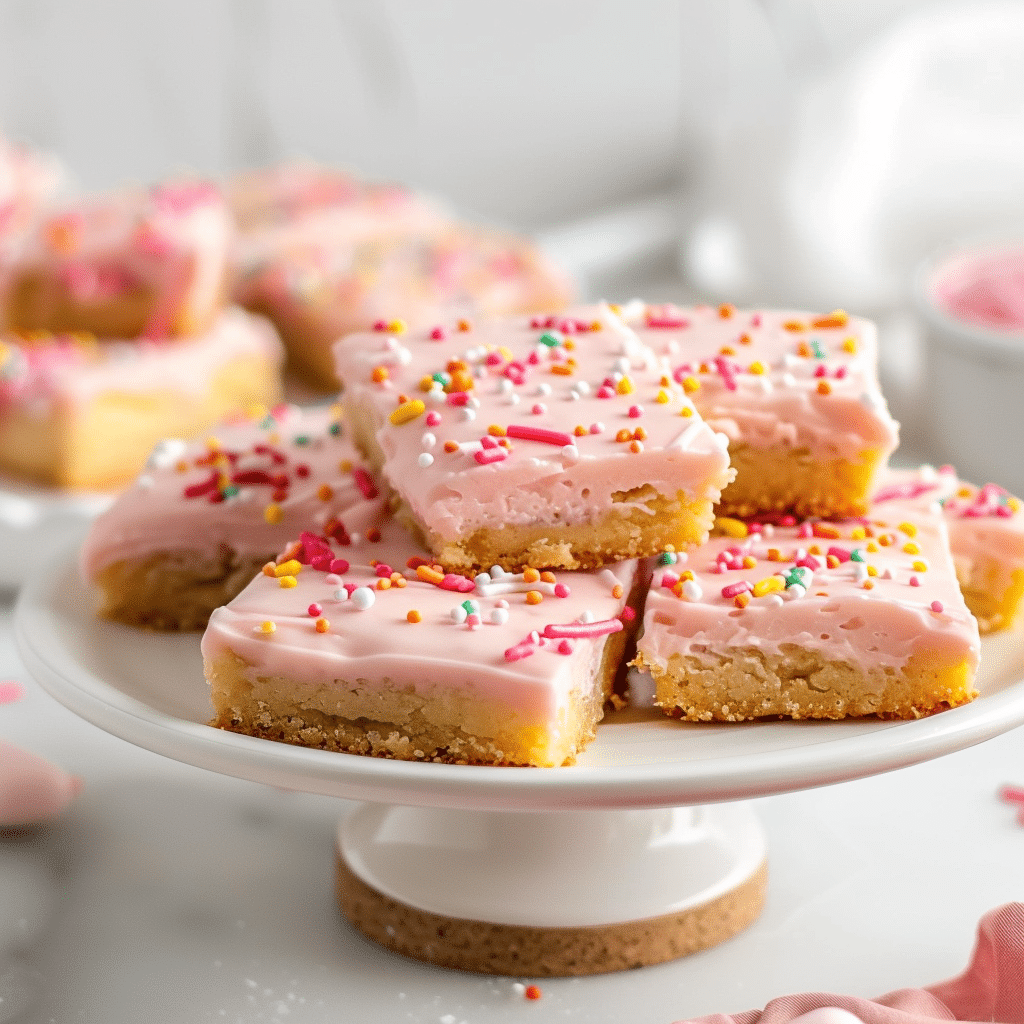 The Best Soft Sugar Cookie Bars Dessert Recipe 2 Soft sugar cookie bars topped with creamy frosting and colorful sprinkles on parchment paper