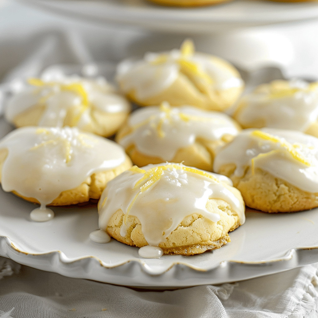 Italian Lemon Cookies (Soft & Glazed Lemon Drop Cookies Dessert Recipe) 2 Soft italian lemon cookies topped with lemon glaze, arranged on a baking tray with fresh lemon zest and slices.