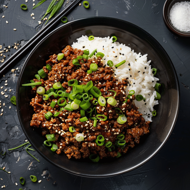 “Korean ground beef bowl served over rice with fresh vegetables and sesame seeds.”