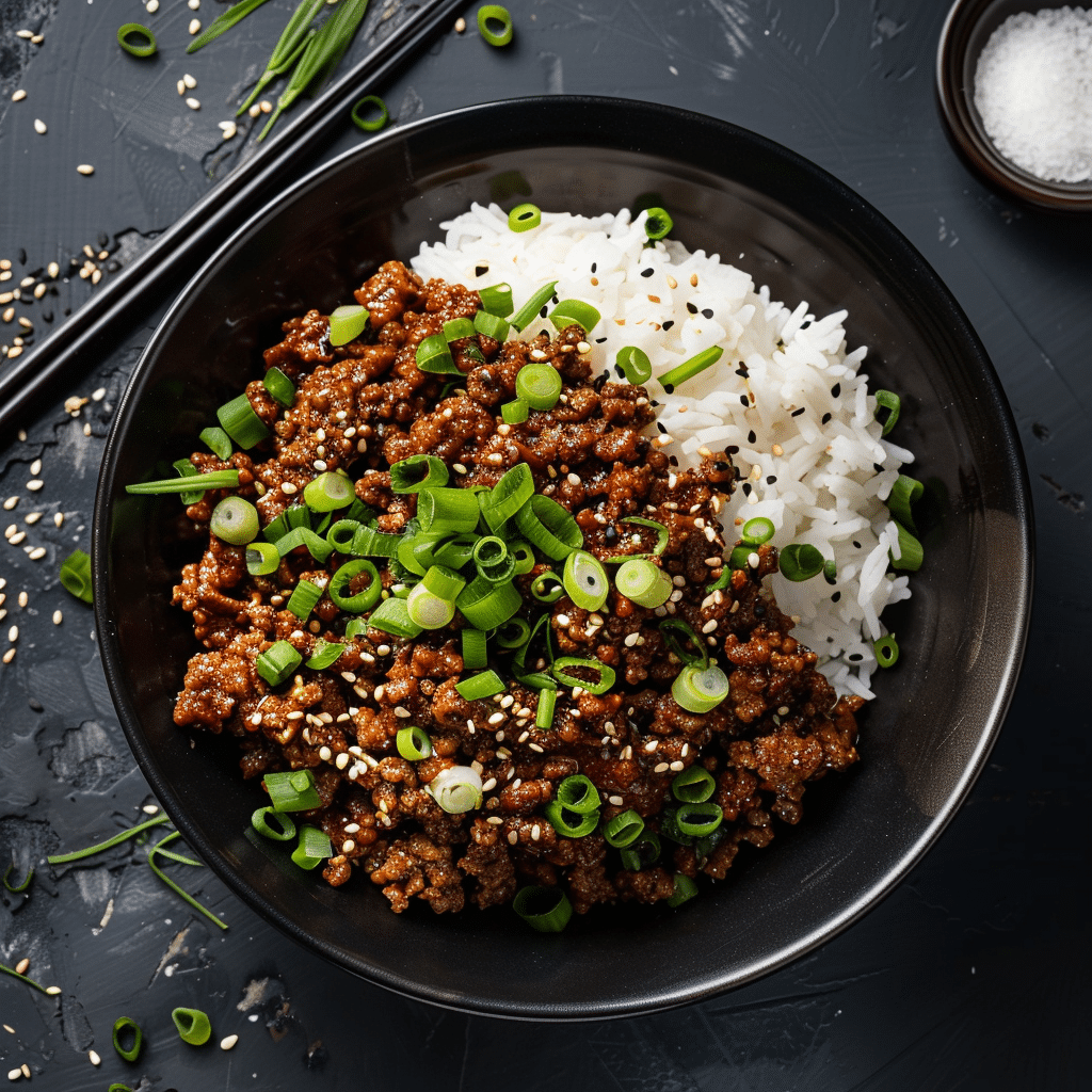 “Korean ground beef bowl served over rice with fresh vegetables and sesame seeds.”