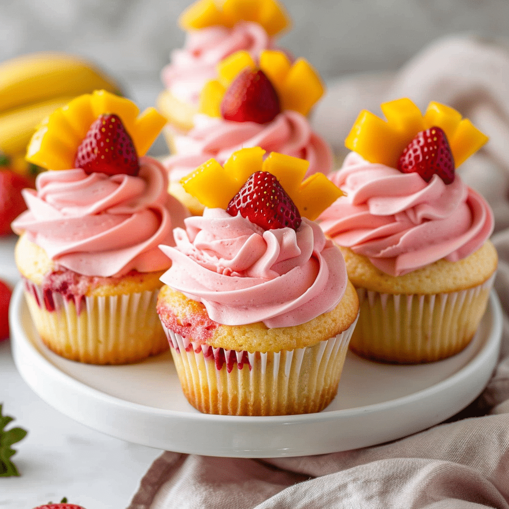 Mango Strawberry Sunset Cupcakes – A Stunning Dessert Recipe Bursting With Tropical Flavor 2 mango strawberry sunset cupcakes picture