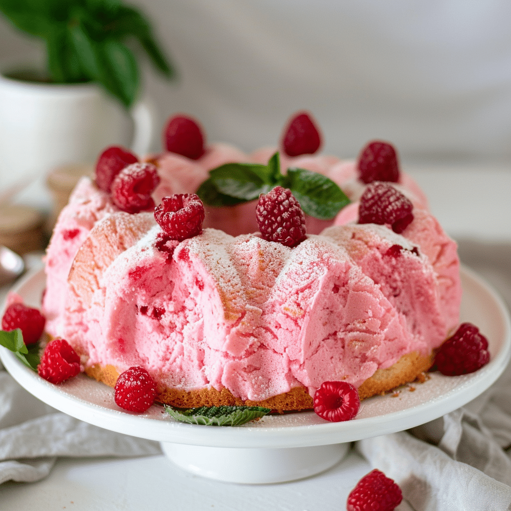 Raspberry Angel Food Cake – Light & Fruity Dessert Recipe 2 pink Raspberry Angel Food Cake picture
