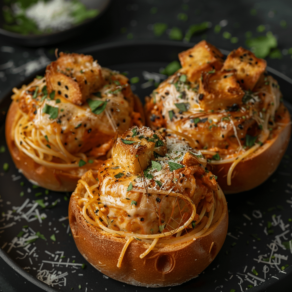 The Best Spaghetti Garlic Bread Bowls Dinner Recipe 2 spaghetti garlic bread bowls picture