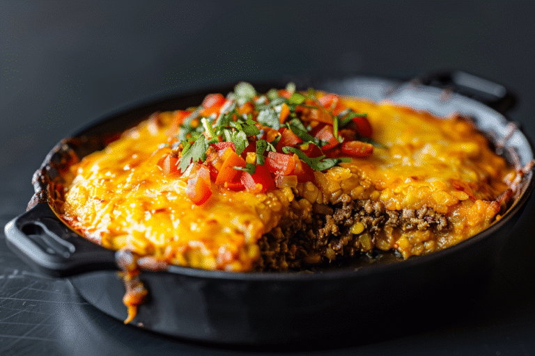 “Savory Texas Tamale Pie topped with golden baked cornmeal crust over a seasoned ground beef and black bean filling.”