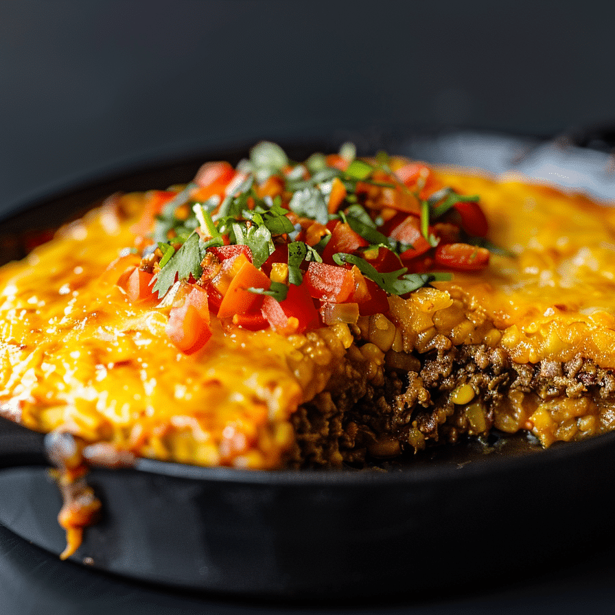 “Savory Texas Tamale Pie topped with golden baked cornmeal crust over a seasoned ground beef and black bean filling.”