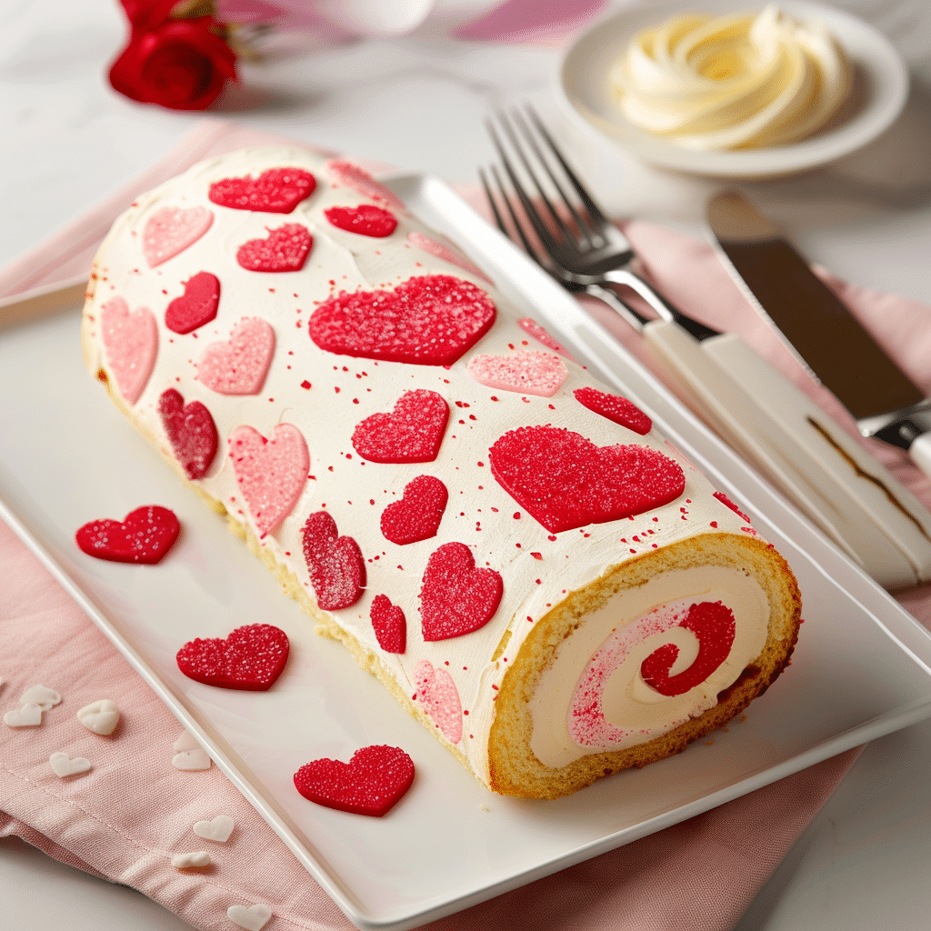 Valentine’s Day Cake Roll (Strawberry Cake Roll Dessert Recipe) 4 valentines day themed roll cake with cream on picture