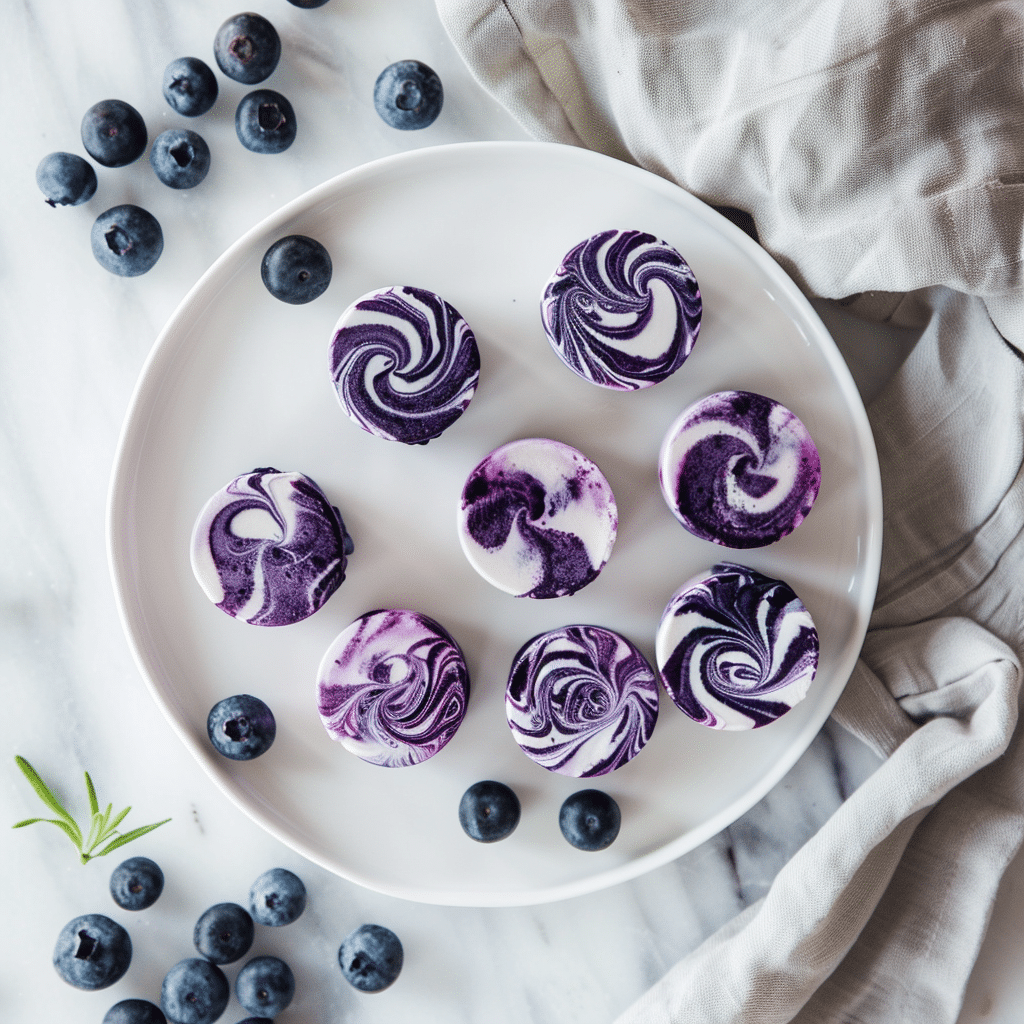 š«āļø Blueberry Swirl Yogurt Bites ā A Cozy Dessert from Freezer to Heart 2 betty9812 Blueberry Swirl Yogurt Bites in a white