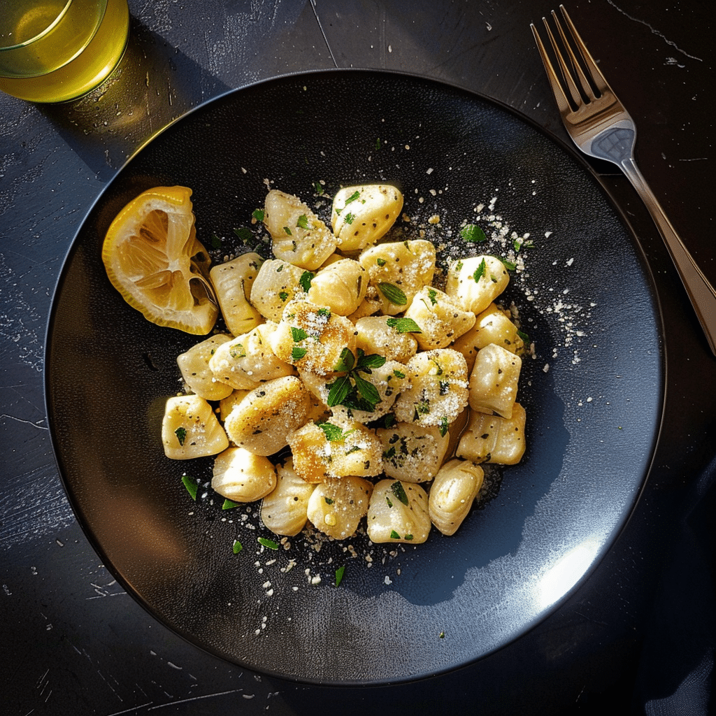 Lemon Chicken Gnocchi 2 betty9812 Lemon Chicken Gnocchi in a black plate on a black tab 09856d28 da7c 4aaf 8127 7a0701339d95